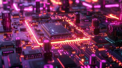 Obraz premium Detailed visuals of glowing electronic circuit boards reflect the high-tech processing power and sophistication of computing systems.