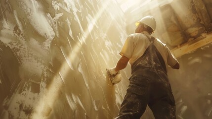 Worker, builder, molarist, plasterer performs his work wearing a helmet. Construction profession, work on the construction of buildings and structures. - 774971436