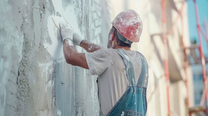 Worker, builder, molarist, plasterer performs his work wearing a helmet. Construction profession, work on the construction of buildings and structures. - 774971459