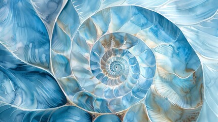 Golden ratio-inspired fractal pattern resembling a nautilus shell delicately painted in watercolor illustration featuring a myriad of calming sea-blue tones - obrazy, fototapety, plakaty