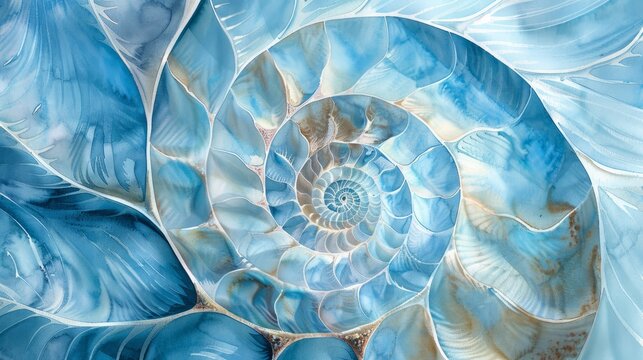 Golden ratio-inspired fractal pattern resembling a nautilus shell delicately painted in watercolor illustration featuring a myriad of calming sea-blue tones