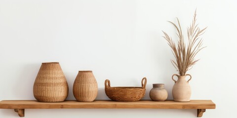 Wooden shelf with wicker basket and accessories on a white wall background
