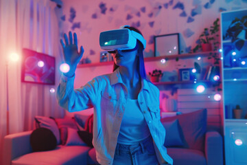 Fototapeta premium Pretty teenage girl wearing virtual reality headset at home. Future technology concept.