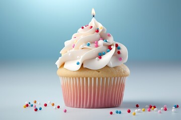 Cupcake with colorful sprinkles on wooden table against blurred lights