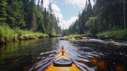 a man kayaking on a small narrow forest river surrounded by pine forest in summer - obrazy, fototapety, plakaty
