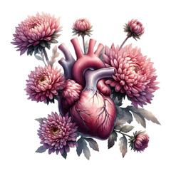 Dahlia Blooming anatomy heart. Watercolor illustration of flower heart with dahlia and leaves. Bright flowers perfect for wedding and Valentine's Day decor, design of postcard, banner. Composition