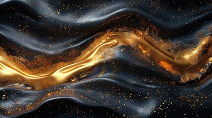 3d golden wave silk satin background. Abstract luxury swirling black gold background. Gold waves abstract background texture - obrazy, fototapety, plakaty
