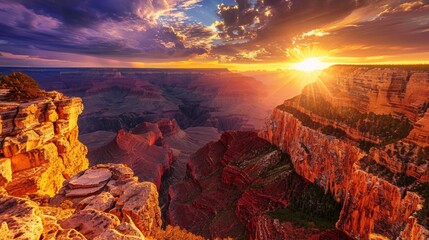 Majestic sunset over the serene Grand Canyon its rich hues of orange and purple creating a...