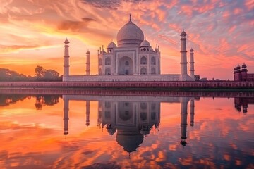 Obraz premium Majestic Taj Mahal reflecting in tranquil Yamuna River at dawn its pristine white marble facade juxtaposed against a vibrant orange sky