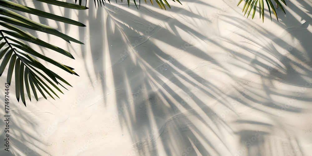 Poster palm tree is on the sand with its leaves casting a shadow. concept of relaxation and tranquility, as