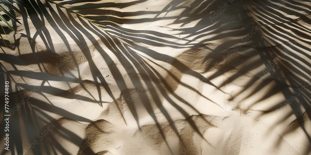 Poster palm tree is on the sand with its leaves casting a shadow. concept of relaxation and tranquility, as