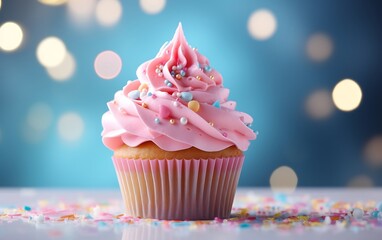 Cupcake with colorful sprinkles on wooden table against blurred lights