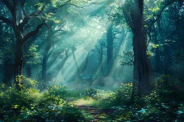 Fototapeta premium Verträumter Zauberwald: Phantasievoller Hintergrund eines märchenhaften Waldes