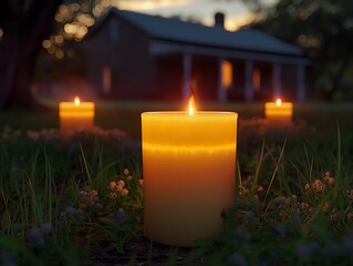 Three candles are lit in a grassy field next to a house. Scene is peaceful and serene, as the candles provide a warm and inviting atmosphere