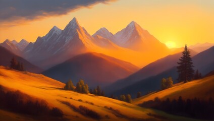 Sunrise in the mountains landscape. Beautiful view of mountains.