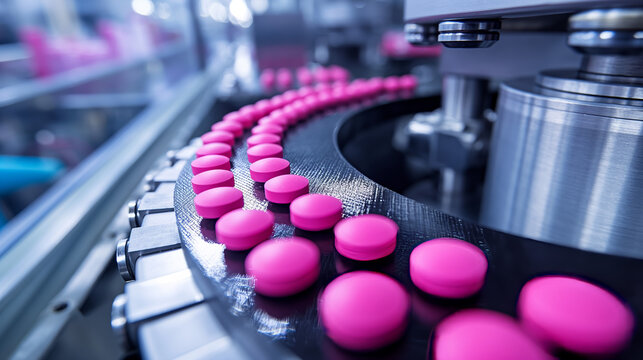 A close-up detailed image showcasing a pharmaceutical production line with vibrant pink capsules processed by machinery