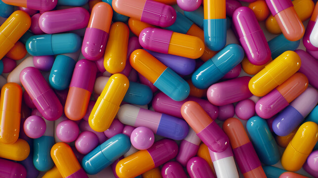 Bright and colorful image filled with various capsules and pills, portraying the diversity of modern medication