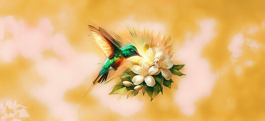 Hummingbird Feeding on Jasmine Flower Against Colorful Bokeh Blur Background