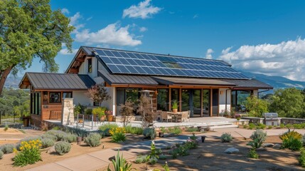 A house that prioritizes sustainability with solar p  AI generated illustration - obrazy, fototapety, plakaty