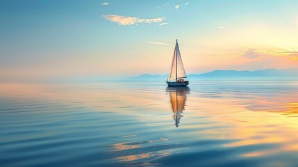 A lone sailboat on  calm bay AI generated illustration - obrazy, fototapety, plakaty