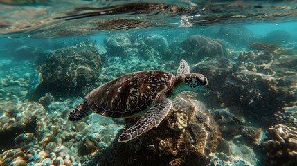 Naklejka premium A lone sea turtle gliding through the water with eas AI generated illustration