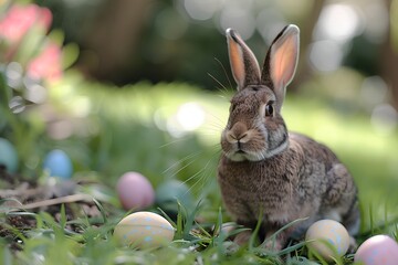 Fototapeta na wymiar Easter bunny with eggs, beautiful Easter celebration.