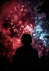A woman at night looking at fireworks exploding in the sky