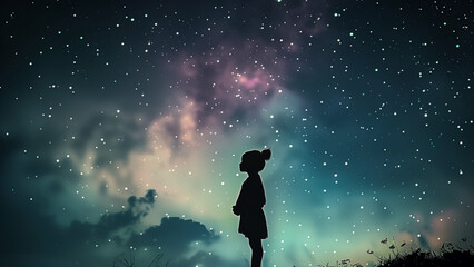 Fototapeta na wymiar subtle dark night sky background with a small silhouette of young girl looking up