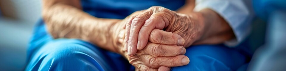 Senior's Hands Clasped in Comfort and Hope. Generative ai