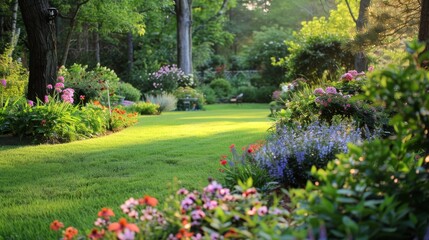 Fototapeta premium A peaceful garden with blooming flowers AI generated illustration