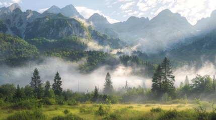 A peaceful mountain landscape with fog blanketing th  AI generated illustration