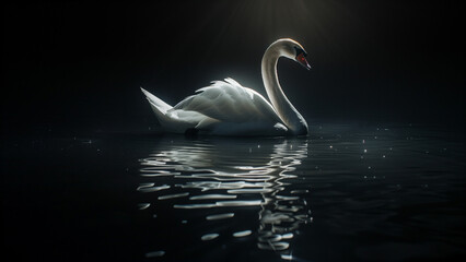 A Swan Floating in Complete Darkness