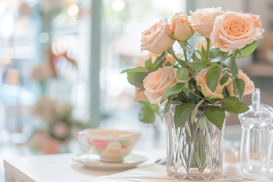Beautiful roses in vase on table in coffee shop