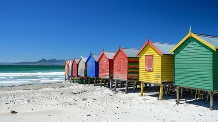 A row of colorful beach huts along the shore  AI generated illustration