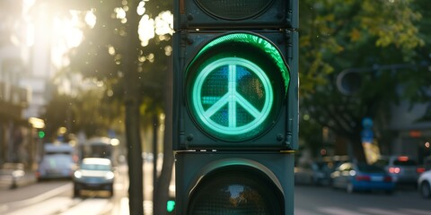 A green traffic light with a peace sign on it - obrazy, fototapety, plakaty