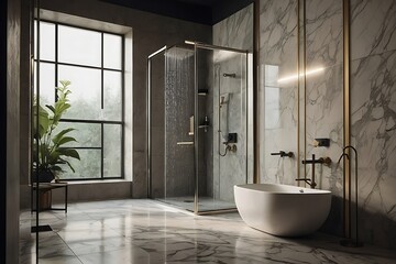 Modern bathroom shower interior with marble walls, tiled floor and black and white bathtub. 3d render - obrazy, fototapety, plakaty