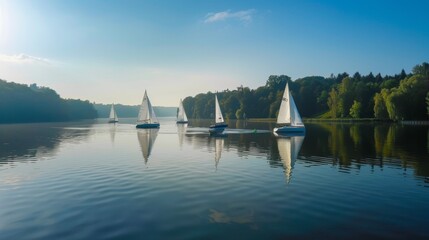 Obraz premium A row of sailboats on tranquil lake AI generated illustration
