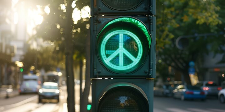 A green traffic light with a peace sign on it