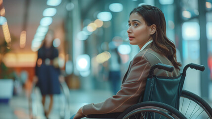 Confident woman sitting in a wheelchair in a corporate business environment, inclusion. - obrazy, fototapety, plakaty