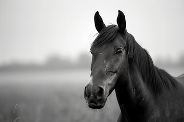 Fototapeta premium A black horse with a white nose is standing in a field