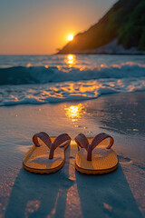 Flip flops on the beach at sunset.