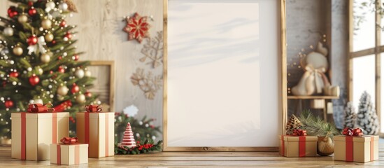 A close up of a Christmas tree with presents in front of a picture frame