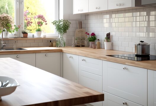 A kitchen with a wooden counter and white cabinets