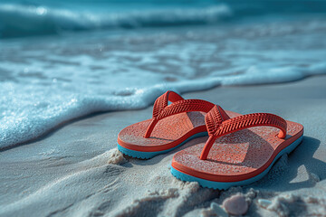 Red flip flops on a sandy beach.