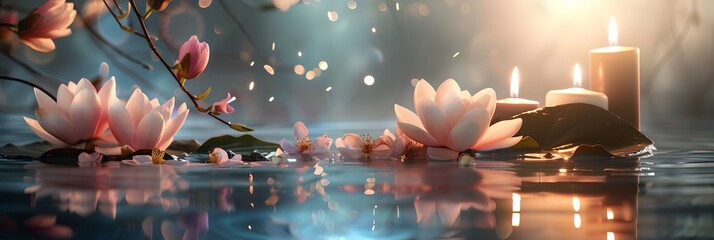 A serene image of a pond with three candles - obrazy, fototapety, plakaty