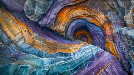 Radiating psychedelic patterns in a natural rock formation displaying a kaleidoscope of blues purples and oranges - obrazy, fototapety, plakaty