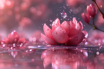A pink flower with water droplets on it is the main focus of the image - obrazy, fototapety, plakaty