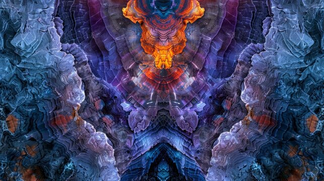 Radiating psychedelic patterns in a natural rock formation displaying a kaleidoscope of blues purples and oranges