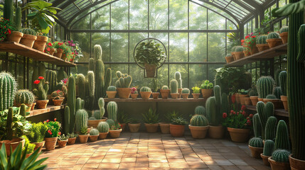 Interior of a greenhouse with cacti and succulents