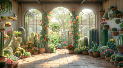 Interior of a greenhouse with cacti and succulents